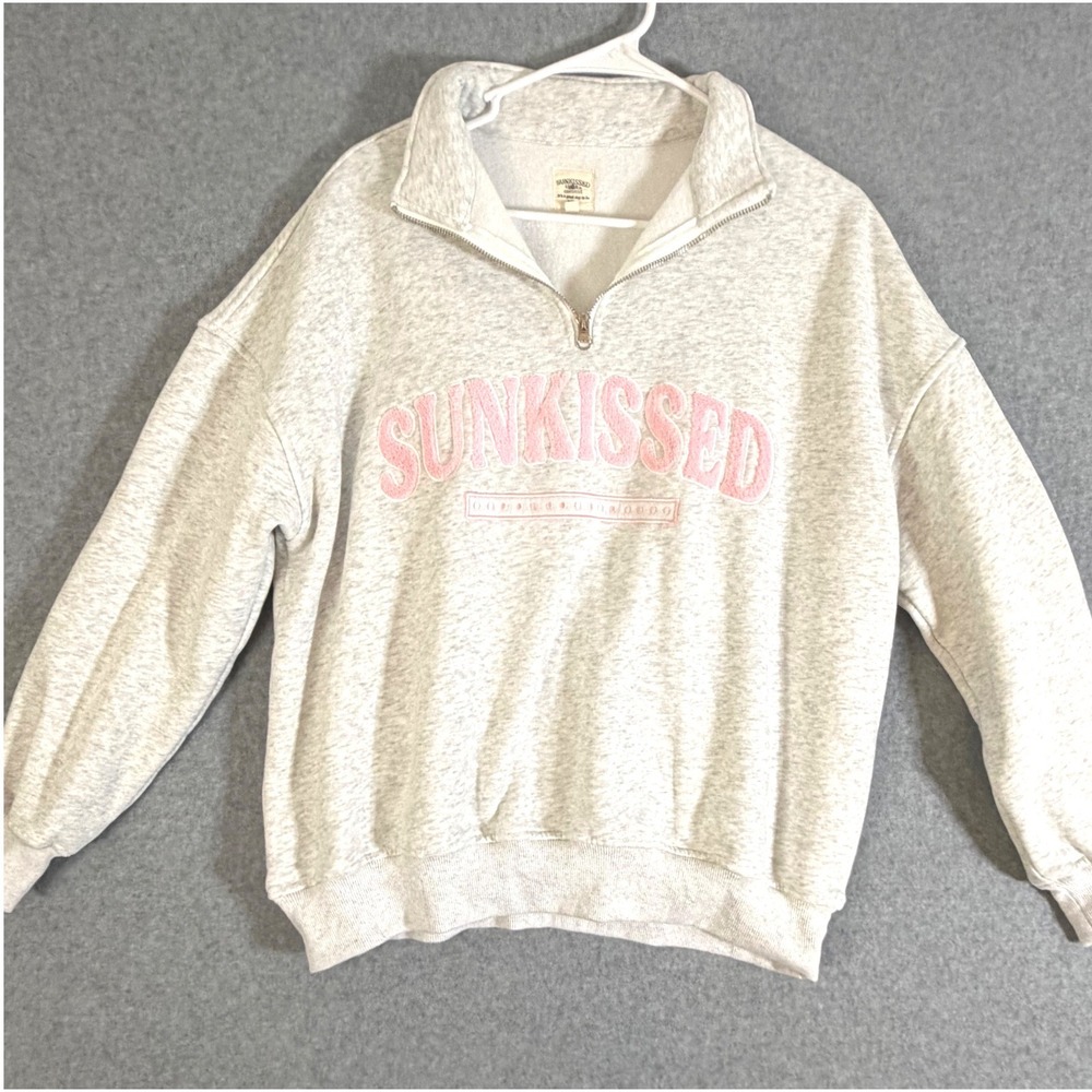 Sunkissed Coconut Quarter Zip Sweatshirt Womens XS Gray Pink Chenille Pullover